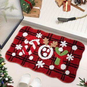 NEW Christmas Plaid Bathroom Rugs, Christmas Decorations Scalloped Joy Bath Rug